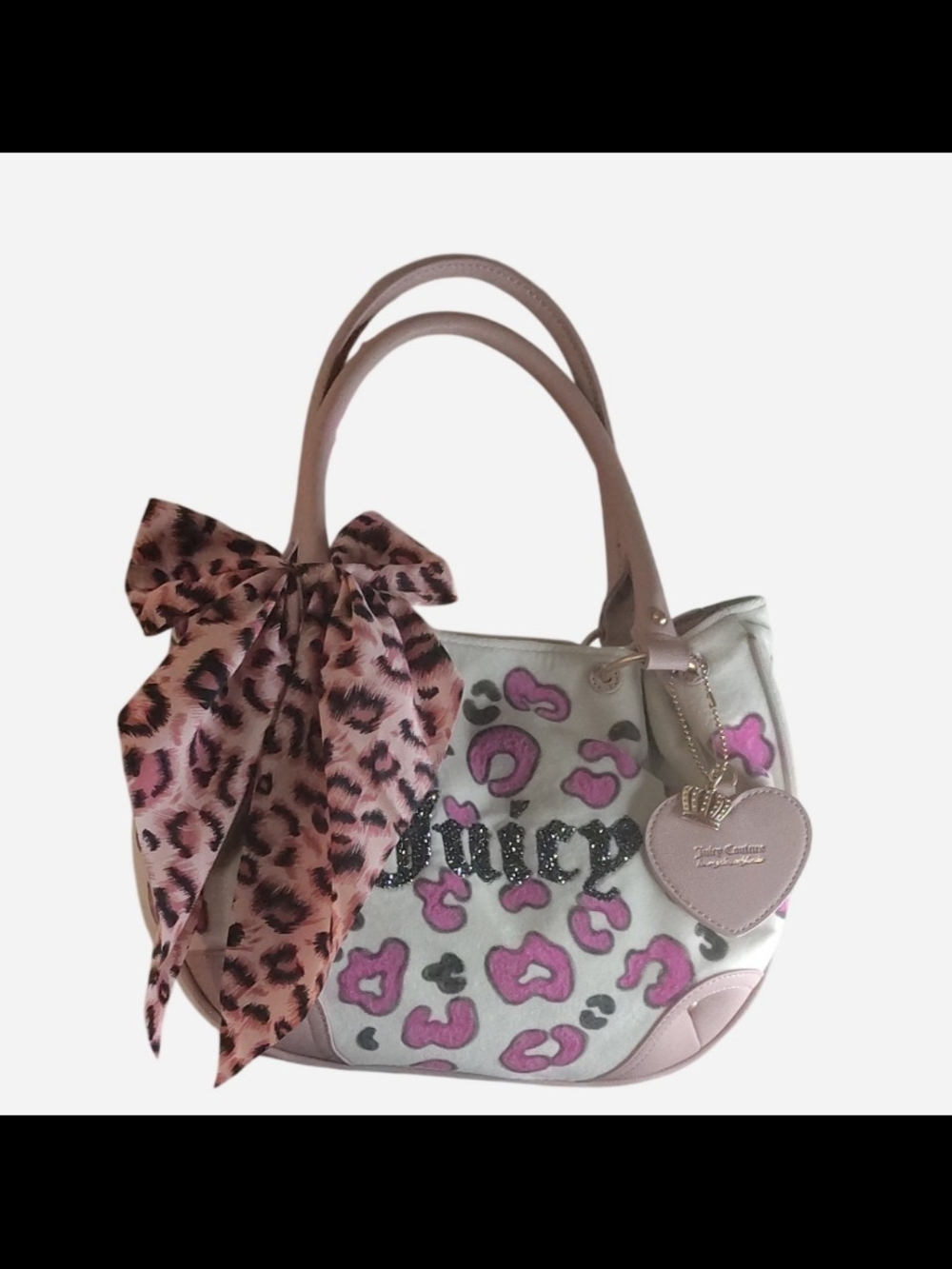Juicy Couture Retro Vibes Pink Leopard Accent Satchel with Heart Charm